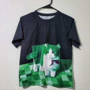 Pixel Cat Graphic T Shirt Minecraft Style Black Green Short Sleeve Youth Unisex